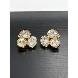Vintage 80s Gold-Toned Rhinestone Cluster Geometric Clip-On Earrings
